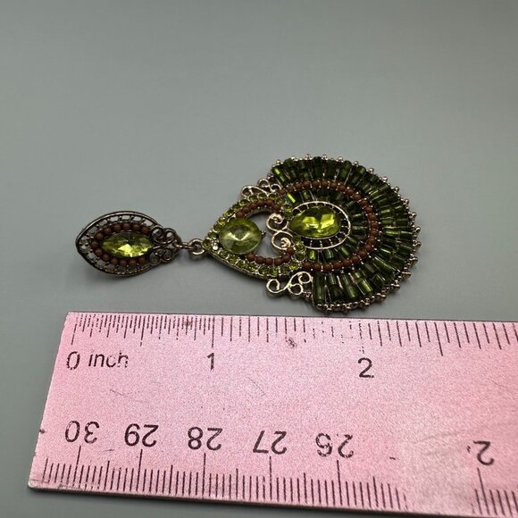 Green Chandelier Earrings Gold Tone Rhinestone Beaded Pierced Statement 2" - Picture 7 of 9